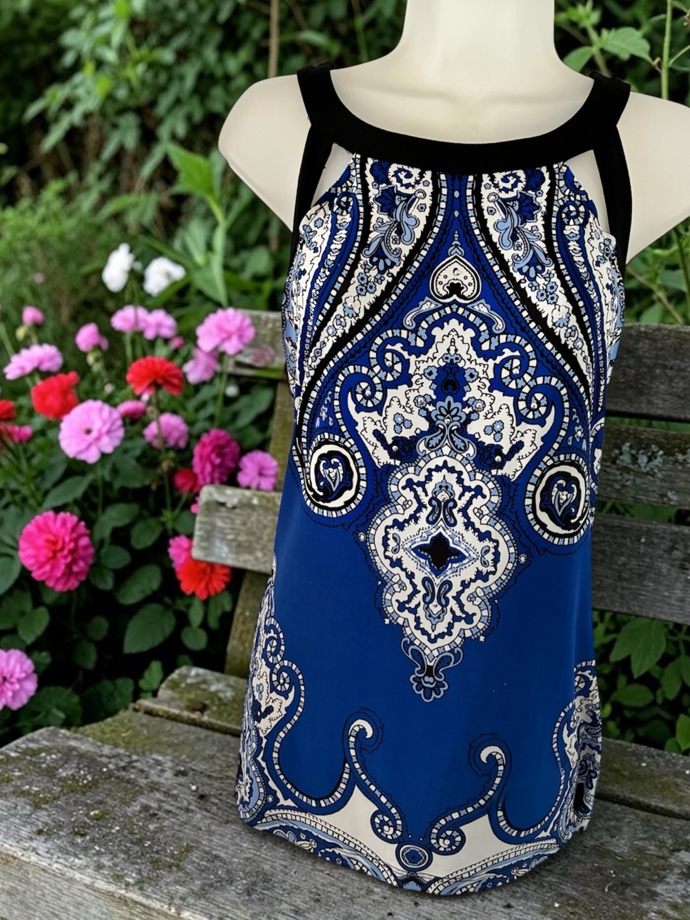 INC International Concepts Blue Paisley Halter Tank with Black Trim